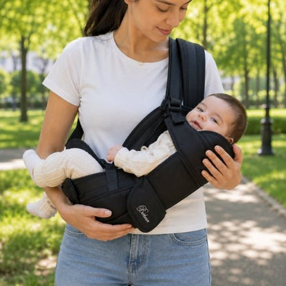Porte bebe 4 en 1 noir utilisé en position horizontale avec bébé