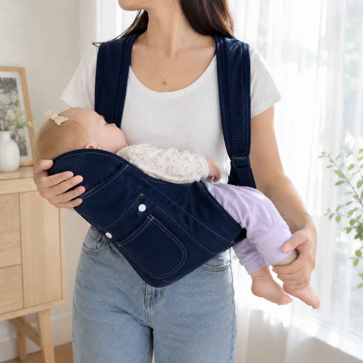 Porte-bébé 4 positions bleu marine en version 4 saisons, utilisé en portage horizontal en intérieur