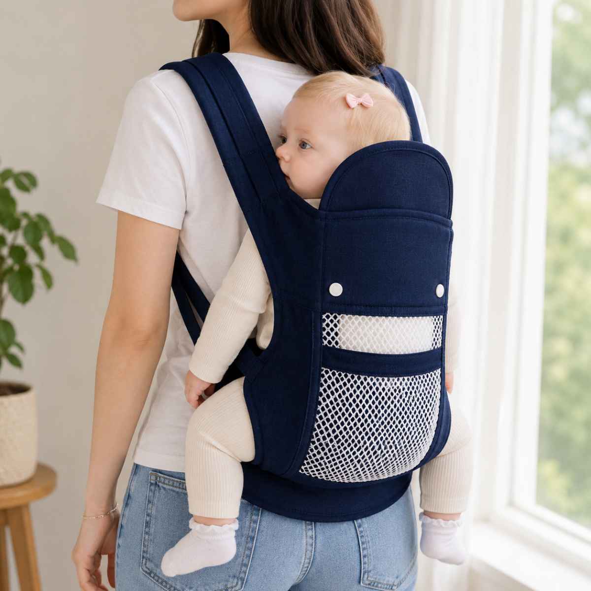 Porte-bébé 4 positions bleu marine en version respirante, vue de profil avec panneau en maille ajourée