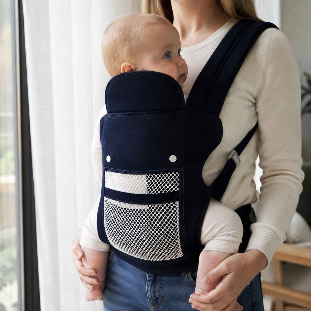 Porte-bébé 4 positions bleu marine en version respirante, vue de face avec panneau en maille ajourée