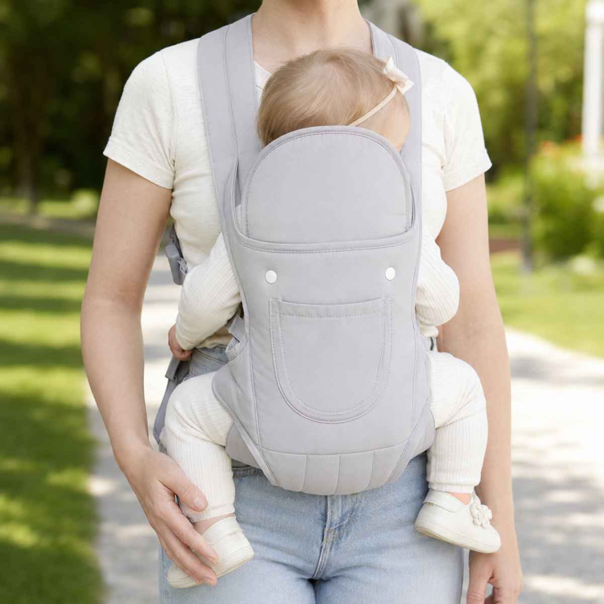 Porte-bébé 4 positions gris clair en version respirante, porté de face au parc avec panneau en maille ajourée