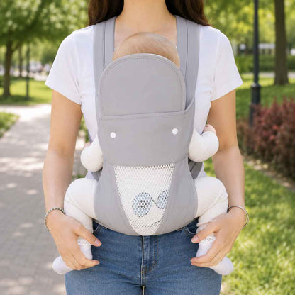 Porte-bébé 4 positions gris perle en version respirante, vue de face avec panneau ajouré en maille