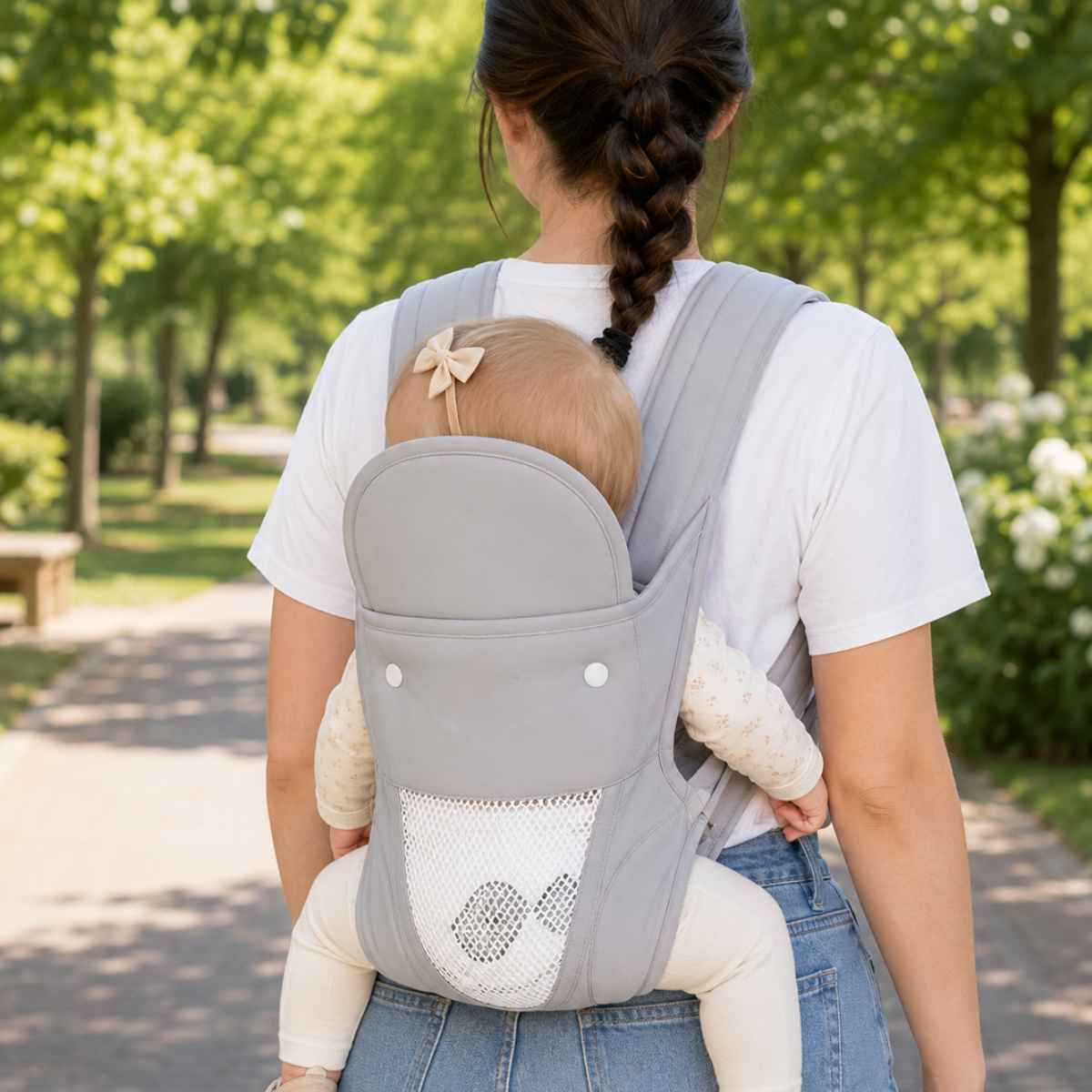 Porte-bébé 4 positions gris perle en portage dorsal, avec panneau respirant et bretelles réglables