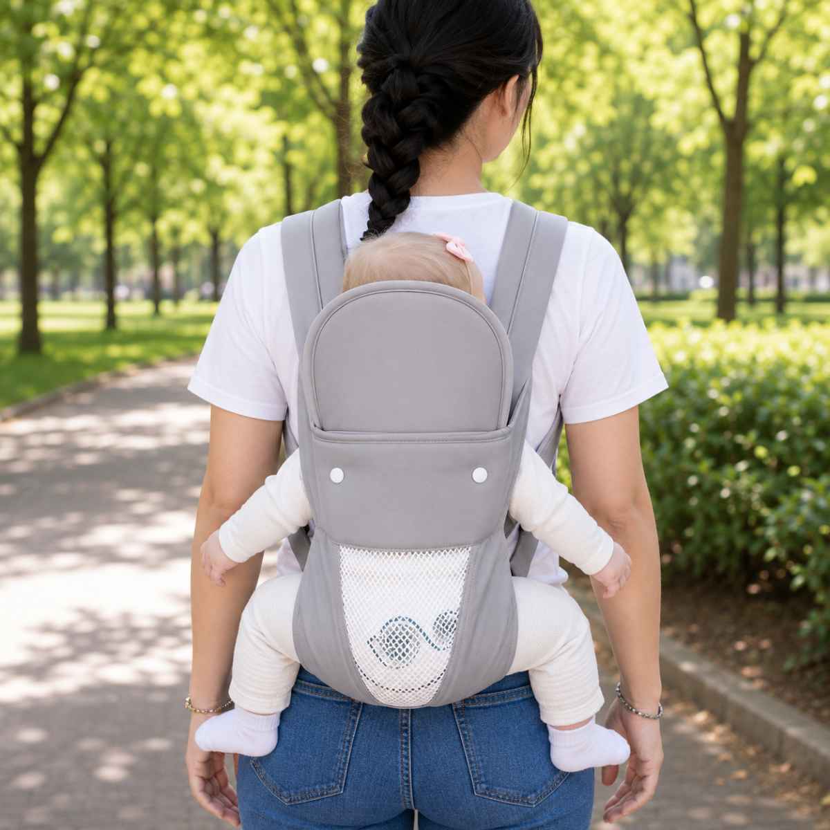 Porte-bébé 4 positions gris perle en portage dorsal, vue arrière avec panneau ajouré en maille