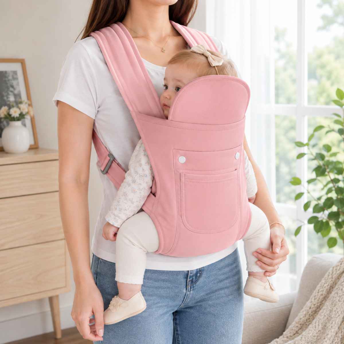 Porte-bébé 4 positions rose en version 4 saisons, porté en extérieur avec panneau principalement en tissu plein