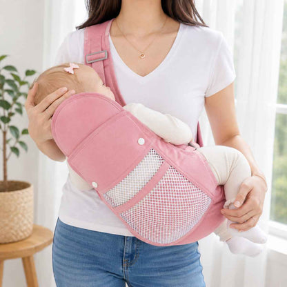 Porte-bébé 4 positions rose en version respirante, utilisé en portage horizontal avec panneau en maille ajourée