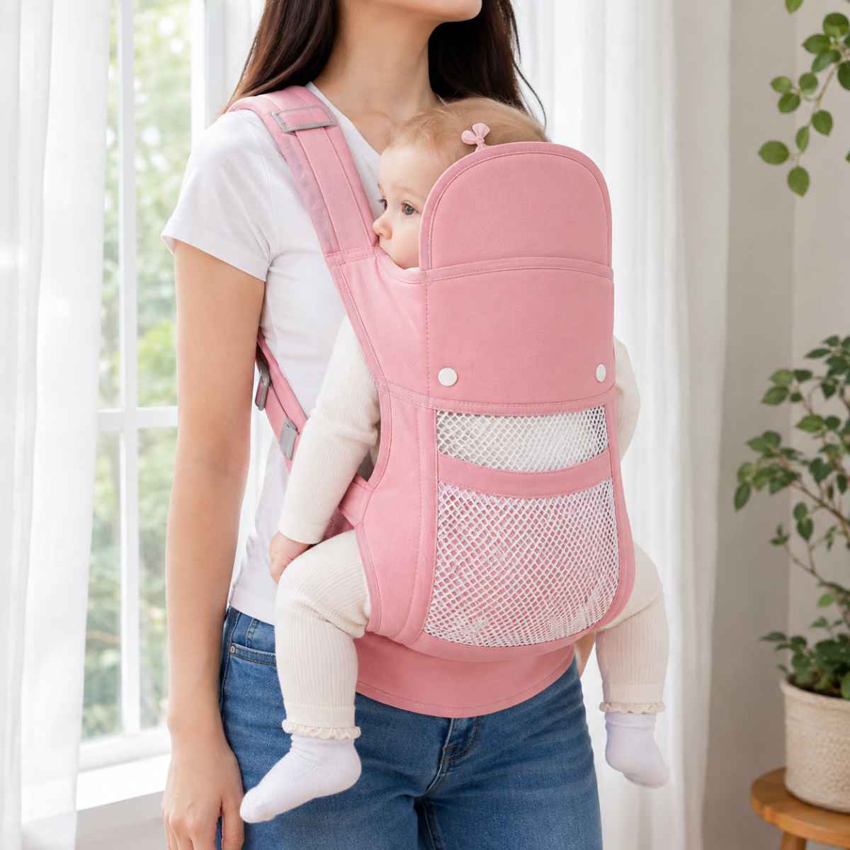 Porte-bébé 4 positions rose en version respirante, vue de face avec panneau en maille ajourée