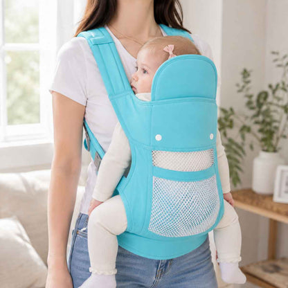 Porte-bébé 4 positions turquoise en version respirante, porté de face en intérieur avec panneau en maille ajourée