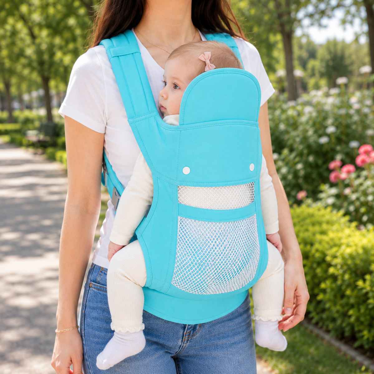 Porte-bébé 4 positions turquoise en version respirante, porté de face au parc avec panneau en maille ajourée