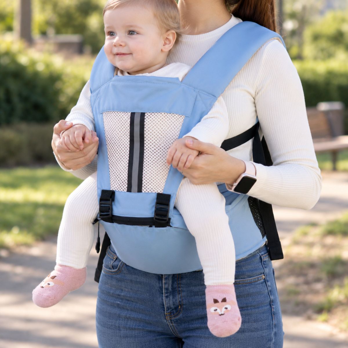 Porte-bébé à assise intégrée bleu clair porté en extérieur avec panneau ajouré et ceinture ventrale