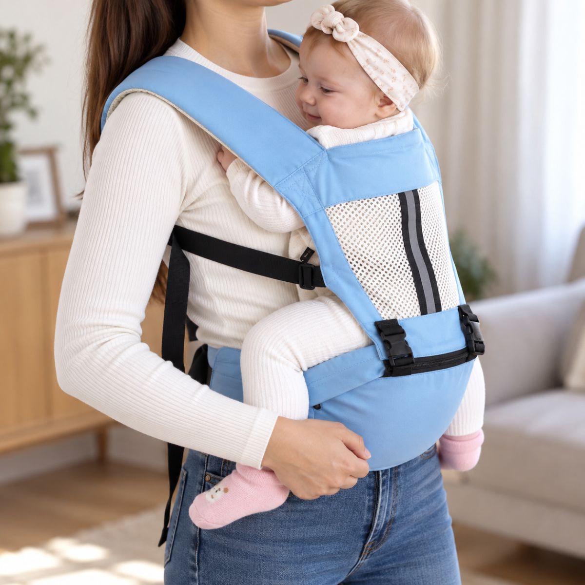 Porte-bébé à assise intégrée bleu clair porté en intérieur avec panneau ajouré et assise intégrée