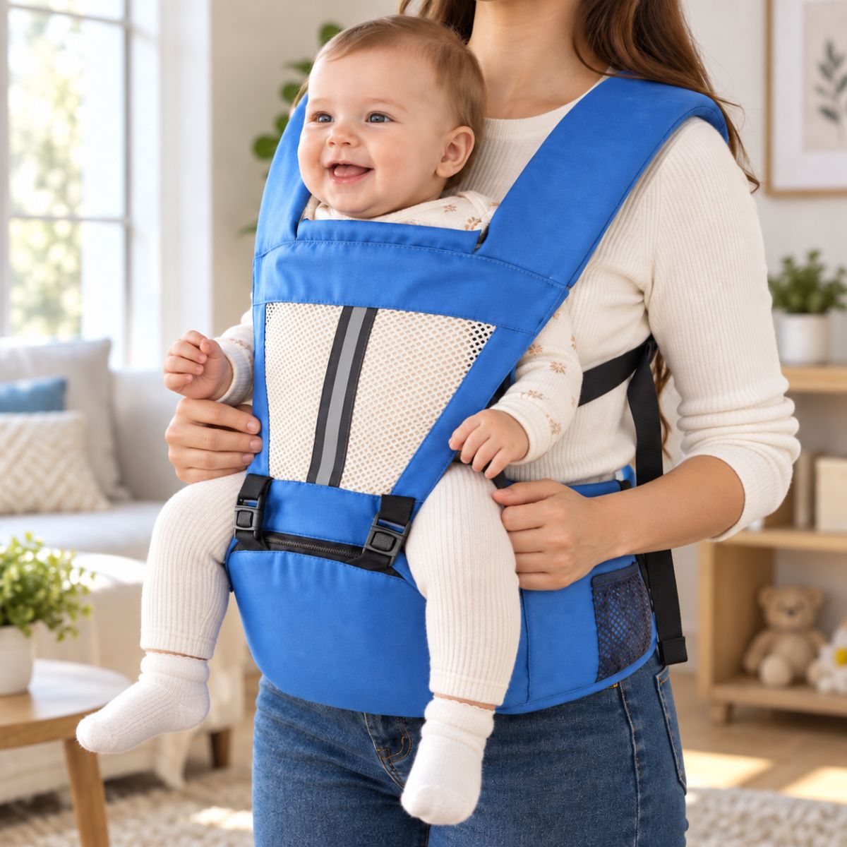 Porte-bébé à assise intégrée bleu porté en intérieur, avec panneau ajouré et large ceinture ventrale