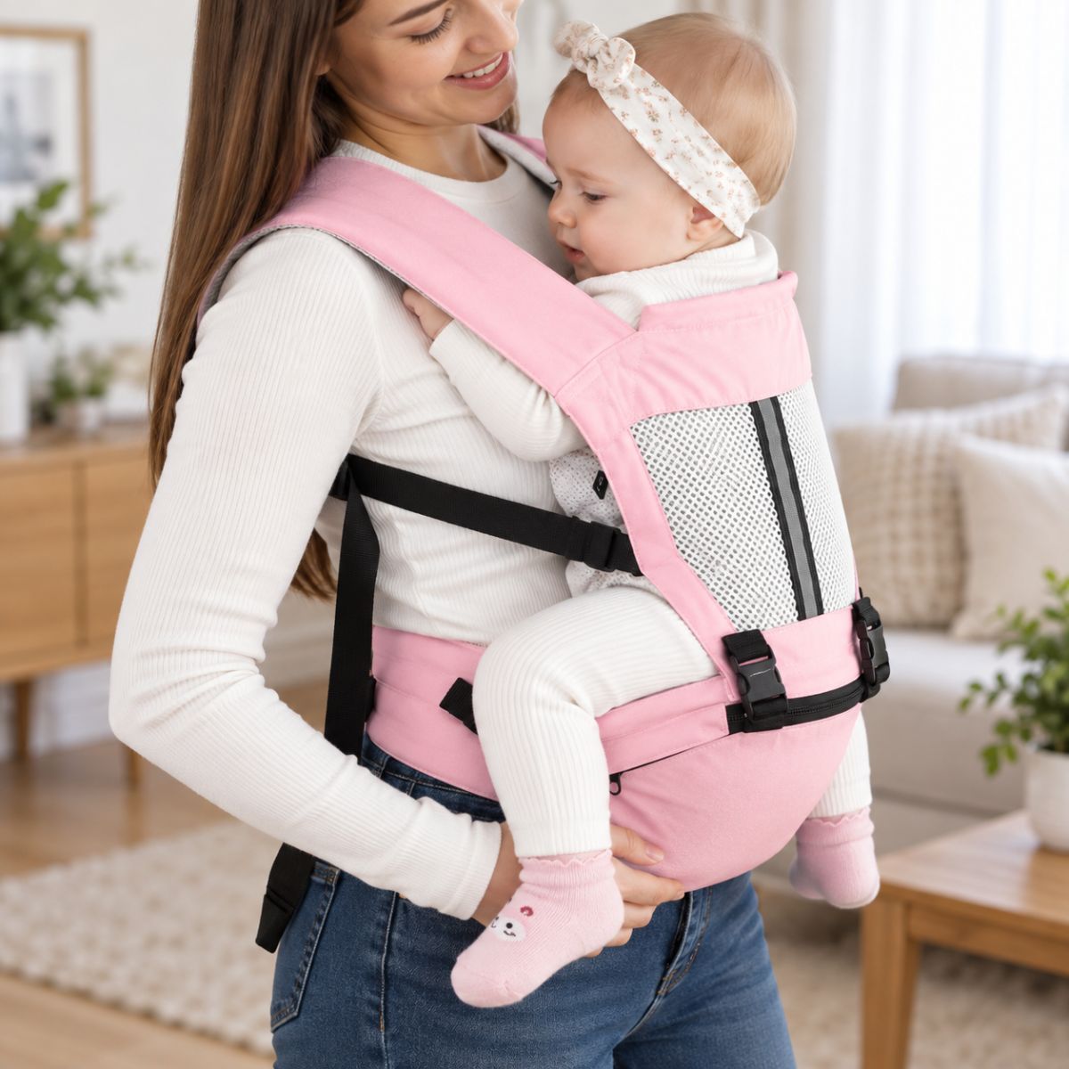 Porte-bébé à assise intégrée rose en portage face au porteur avec panneau ajouré