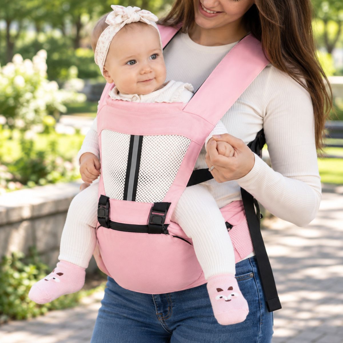 Porte-bébé à assise intégrée rose en portage face au monde avec panneau ajouré