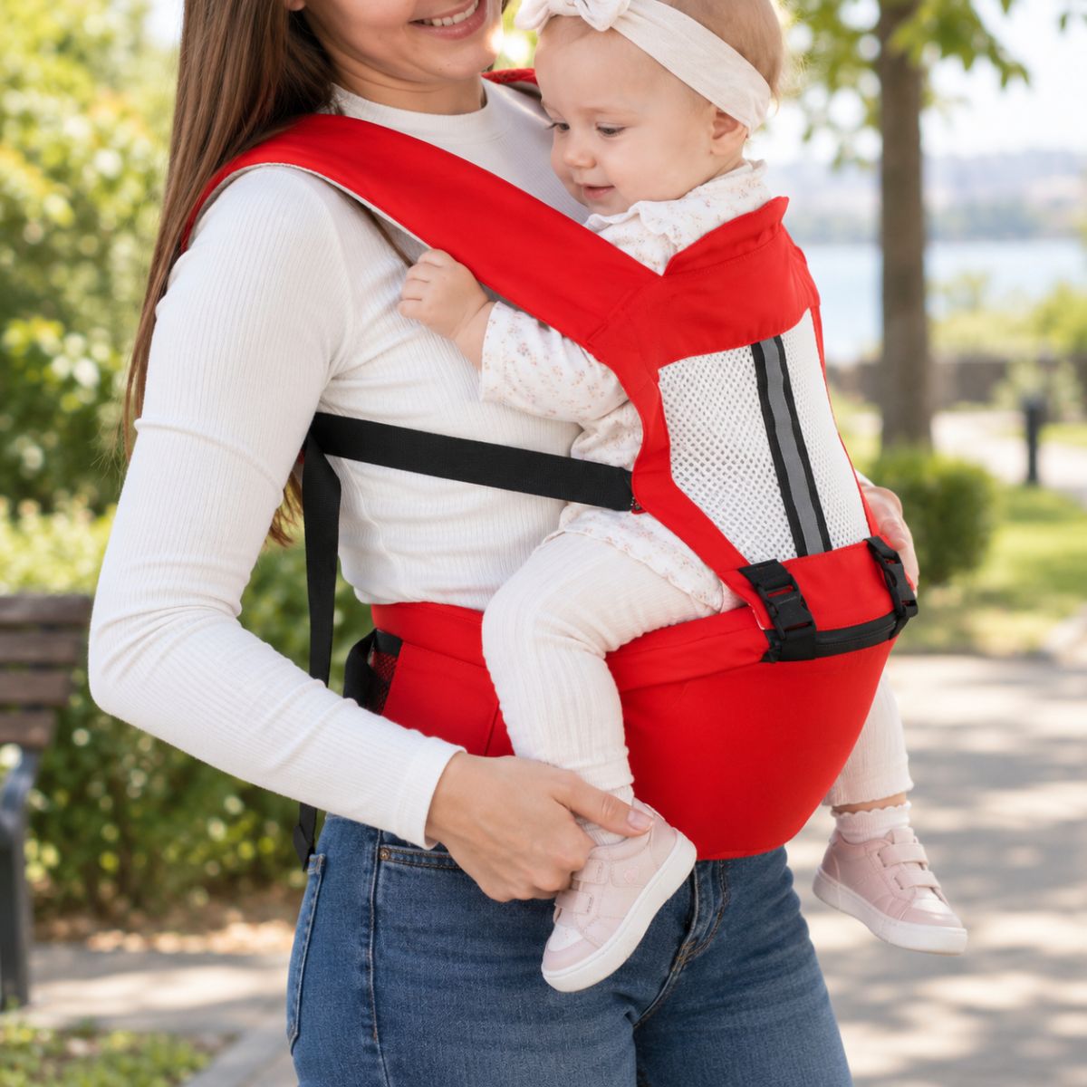 Porte-bébé à assise intégrée rouge en portage ventral avec panneau ajouré et ceinture ventrale