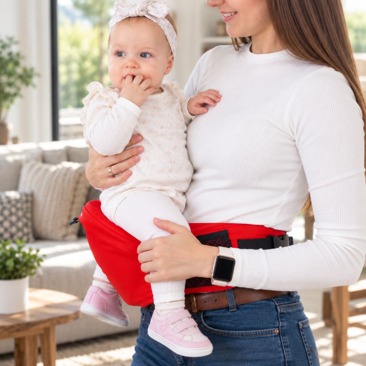 Assise intégrée rouge utilisée seule avec large ceinture ventrale pour porter bébé sur la hanche
