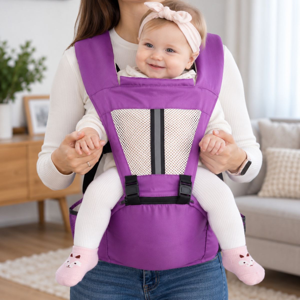 Porte-bébé à assise intégrée violet en portage face au monde avec panneau ajouré