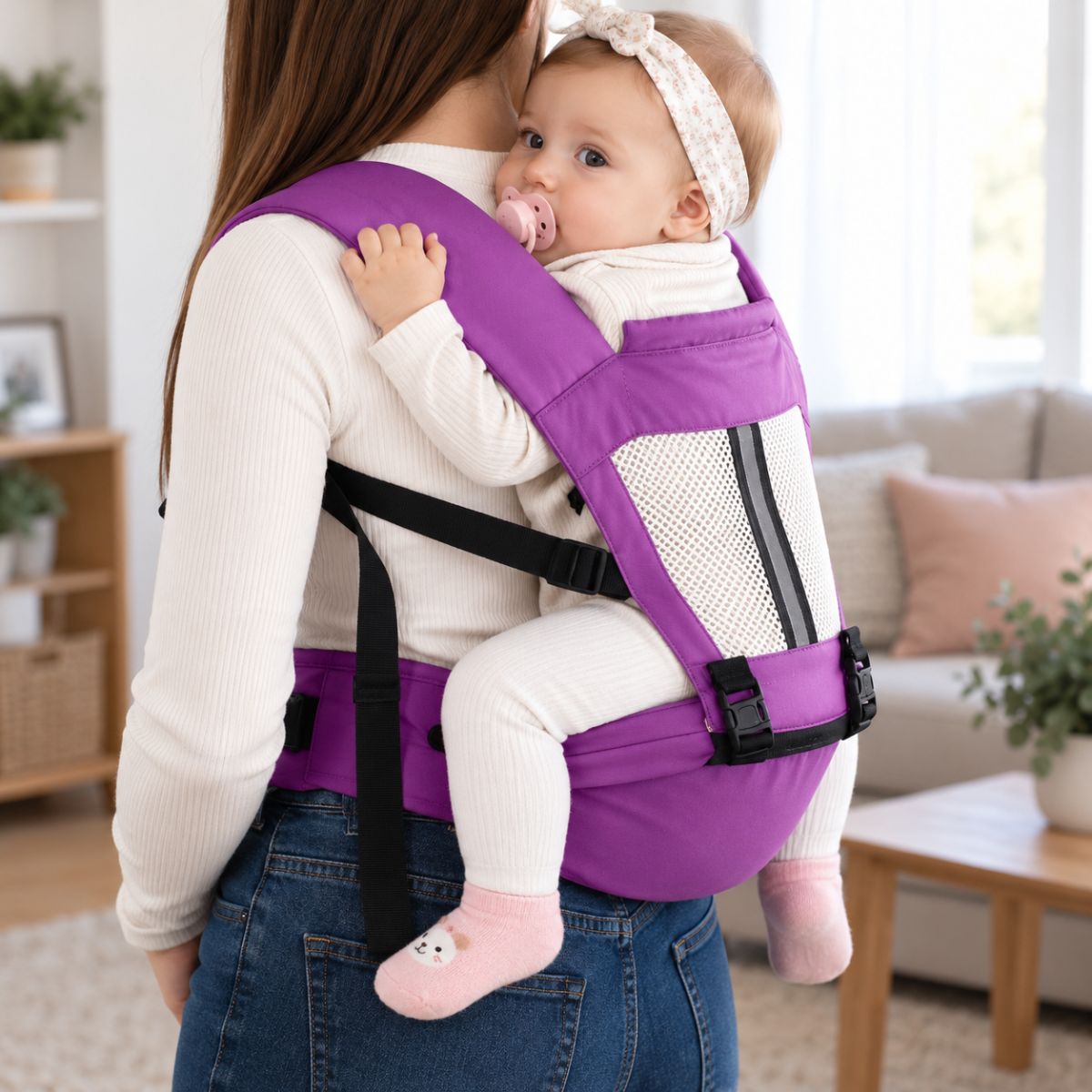 Porte-bébé à assise intégrée violet en portage dorsal avec panneau ajouré