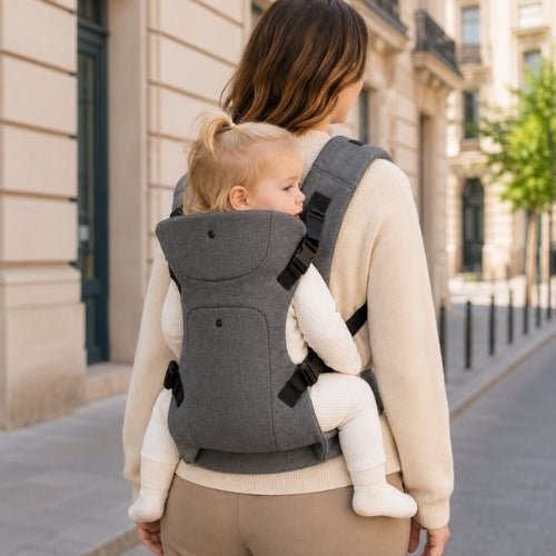 Porte-bébé à assise réglable gris clair avec bretelles rembourrées, vue arrière du portage en ville