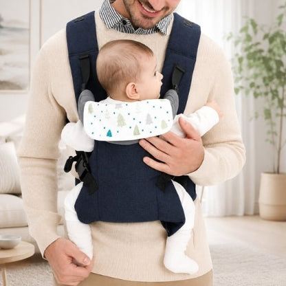 Porte-bébé à assise réglable gris foncé avec bavette textile amovible et bretelles réglables