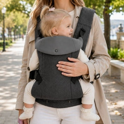 Porte-bébé à assise réglable gris foncé avec bretelles rembourrées, enfant face au monde en promenade