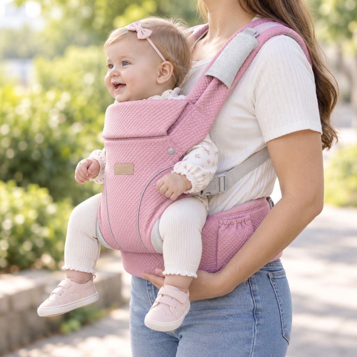 Porte-bébé à ceinture large rose, vue de profil avec poche latérale intégrée à la ceinture
