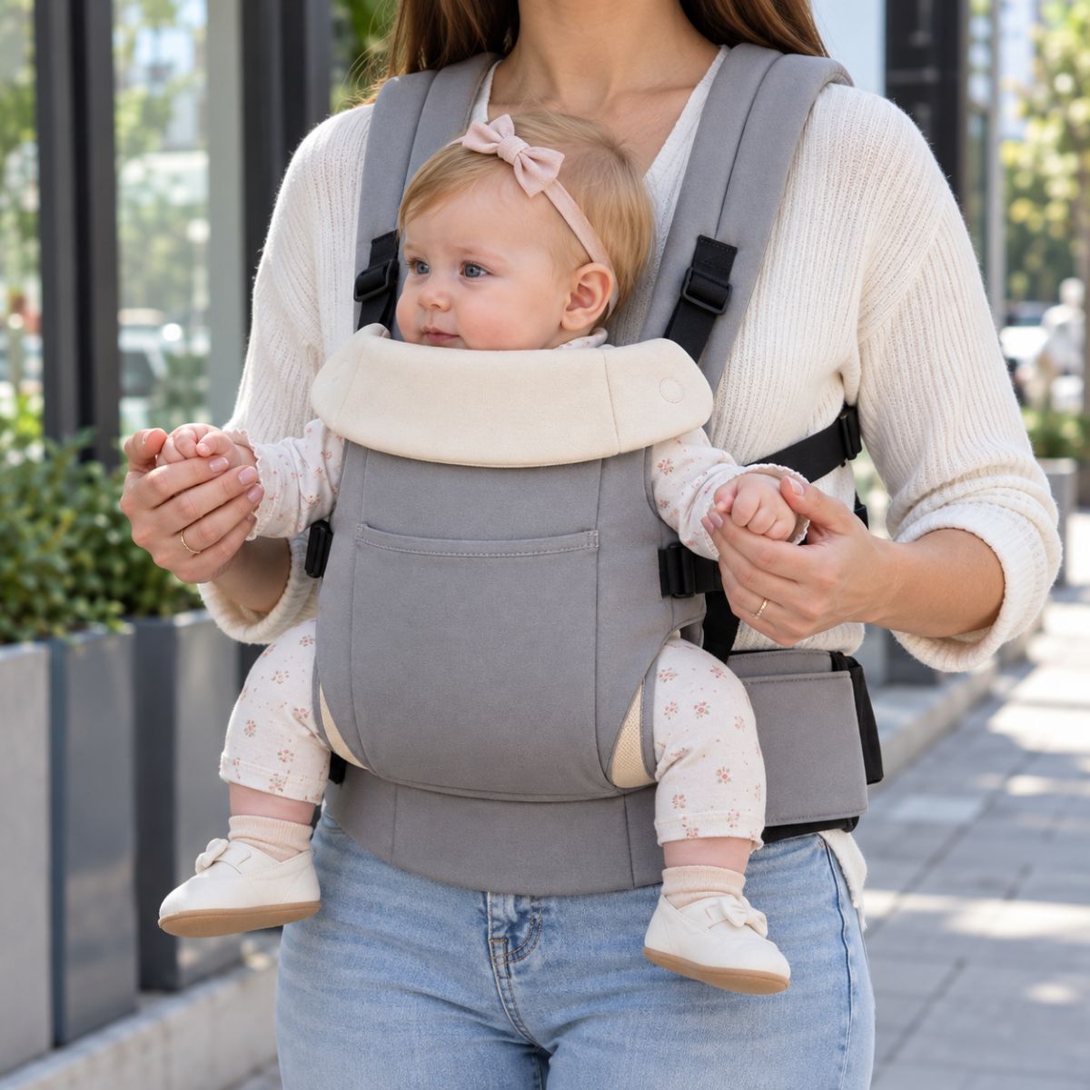 Porte-bébé à ceinture réglable 70–110 cm gris clair, porté face au porteur en extérieur avec poche avant