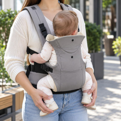 Porte-bébé à ceinture réglable 70–110 cm gris clair, vue de profil en extérieur avec panneau haut et boucles
