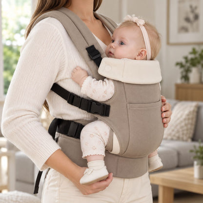 Porte-bébé à ceinture réglable 70–110 cm kaki, vue de profil avec bretelles rembourrées et boucles