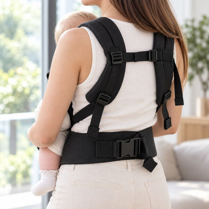Porte-bébé à ceinture réglable 70–110 cm noir, vue de dos montrant la sangle horizontale et les réglages