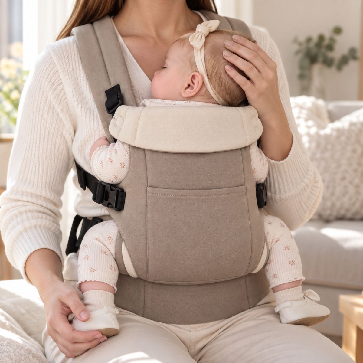 Porte-bébé à ceinture réglable 70–110 cm kaki, porté face au porteur en intérieur avec poche avant