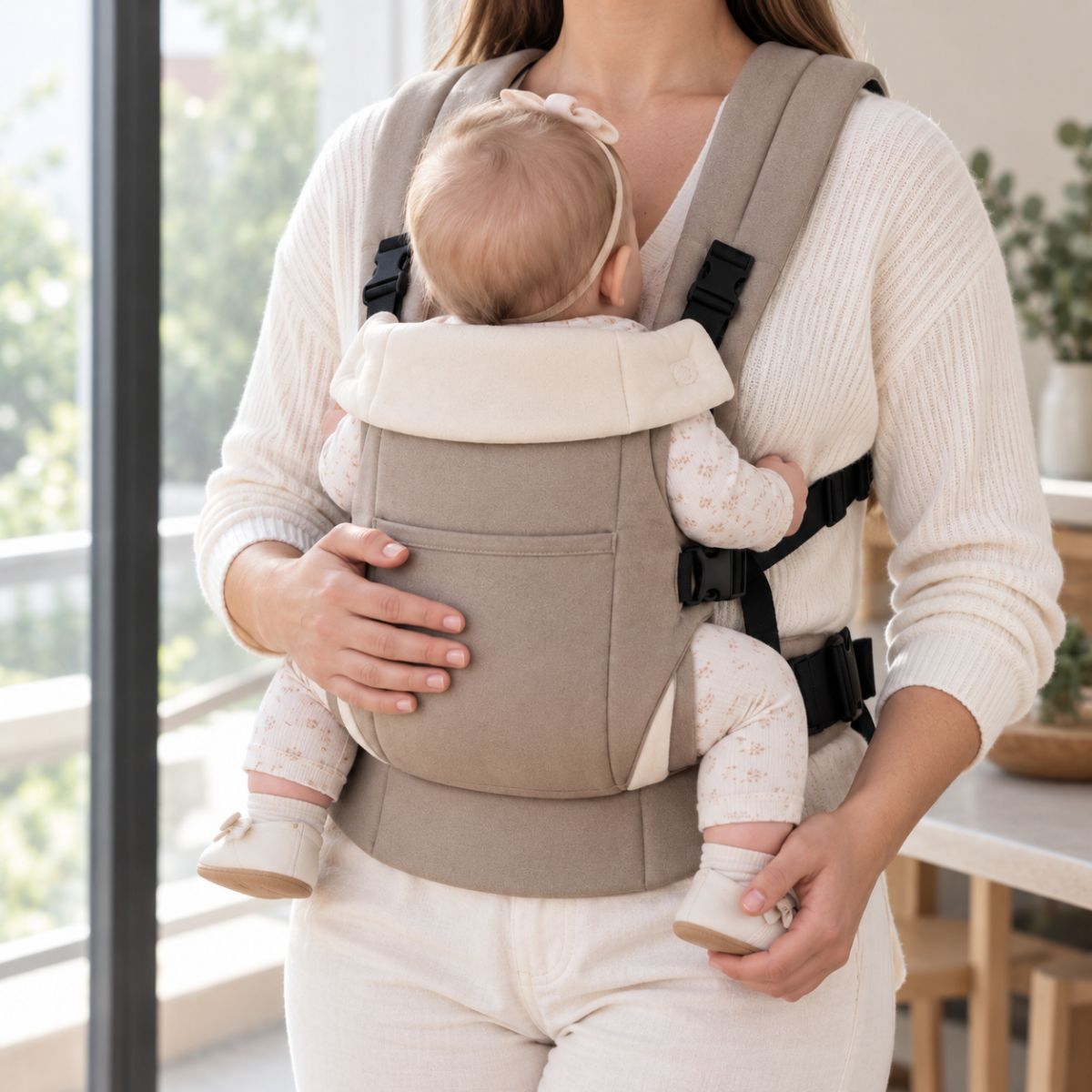 Porte-bébé à ceinture réglable 70–110 cm kaki, porté face au porteur avec panneau haut et poche avant