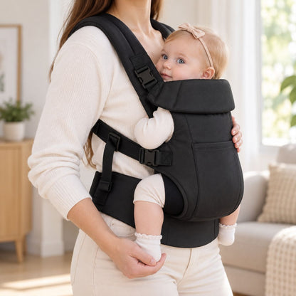 Porte-bébé à ceinture réglable 70–110 cm noir, vue de profil avec bretelles rembourrées et boucle latérale