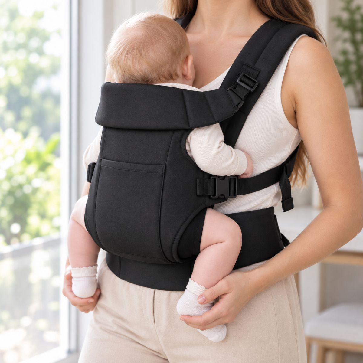 Porte-bébé à ceinture réglable 70–110 cm noir, porté face au porteur avec panneau haut et ceinture large