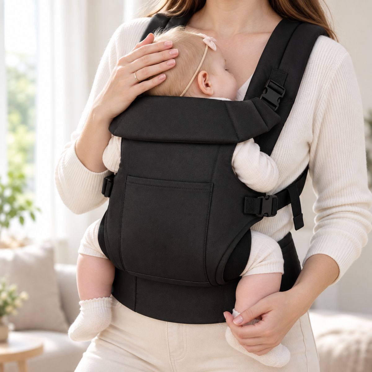 Porte-bébé à ceinture réglable 70–110 cm noir, porté face au porteur en intérieur avec panneau haut