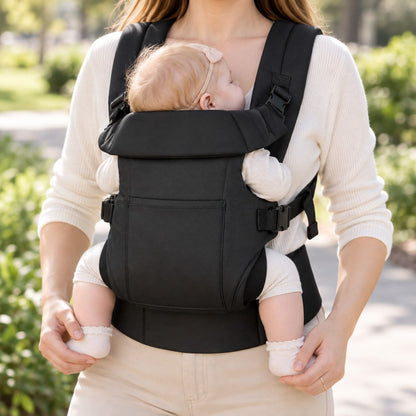 Porte-bébé à ceinture réglable 70–110 cm noir, porté face au porteur en extérieur avec poche avant