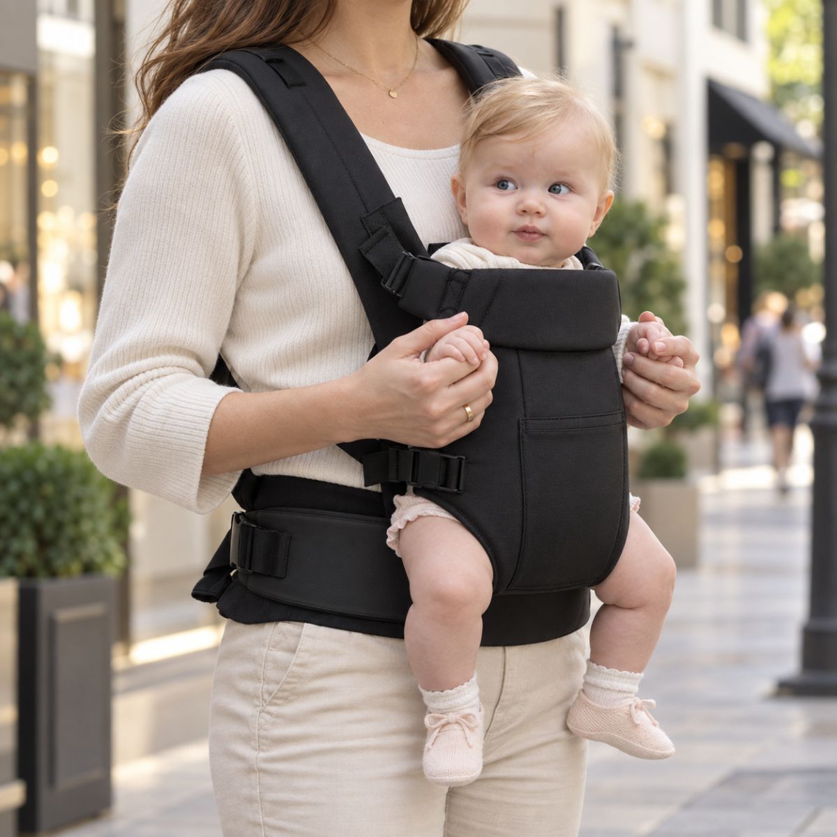 Porte-bébé à ceinture réglable 70–110 cm noir, porté en ville face au porteur avec bretelles rembourrées