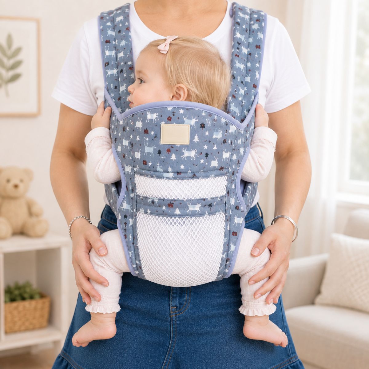 Porte-bébé à panneau amovible bleu gris à motifs, vue frontale avec poche en maille et bébé porté face au parent