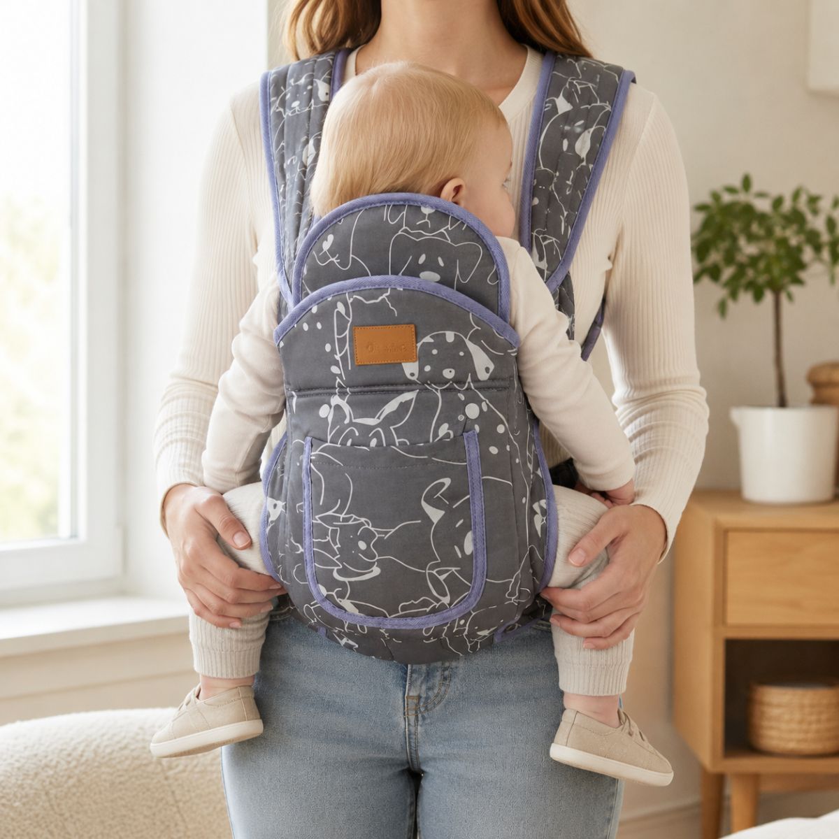 Porte-bébé à panneau amovible gris anthracite à motifs, vue frontale avec panneau relevé et poche intégrée