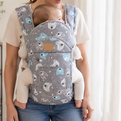 Porte-bébé à panneau amovible gris motif koala, porté face au porteur avec poche frontale intégrée