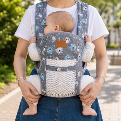 Porte-bébé à panneau amovible gris motif ours, porté face au porteur avec grande poche en maille