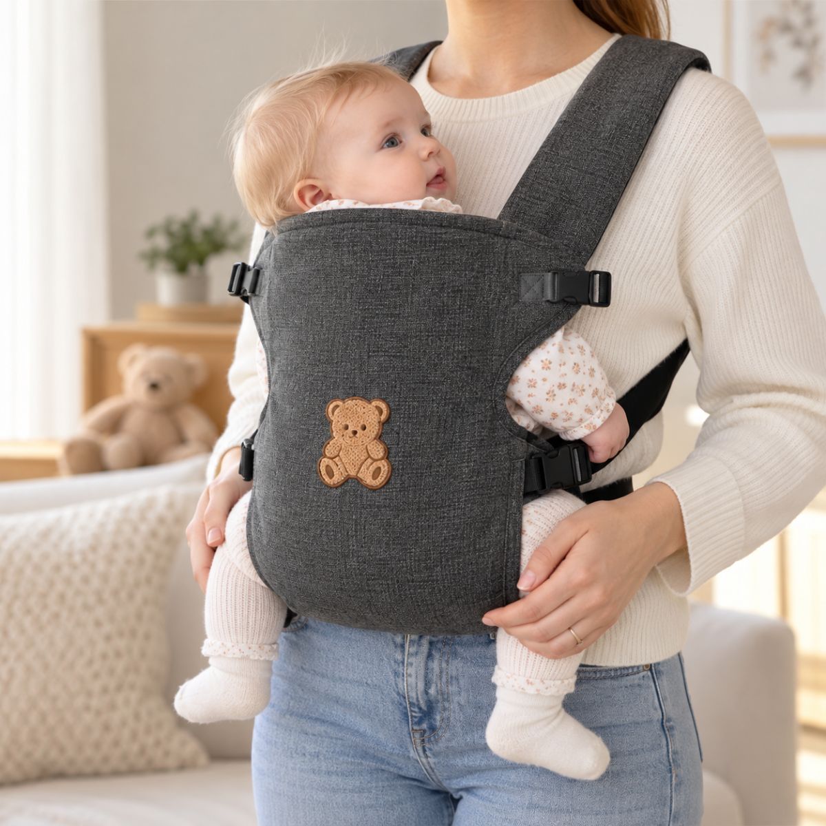 Porte-bébé à partie haute pliable gris foncé avec ourson entier brodé beige et boucles latérales, vue de face