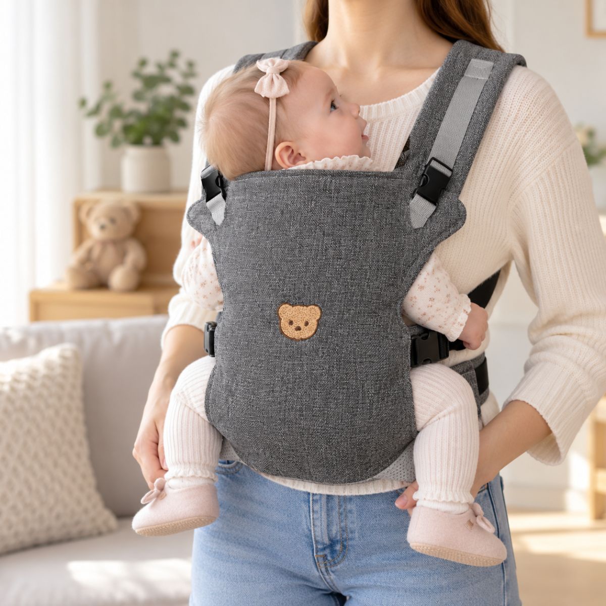 Porte-bébé à partie haute pliable gris foncé avec motif tête d’ourson, porté face au porteur en intérieur