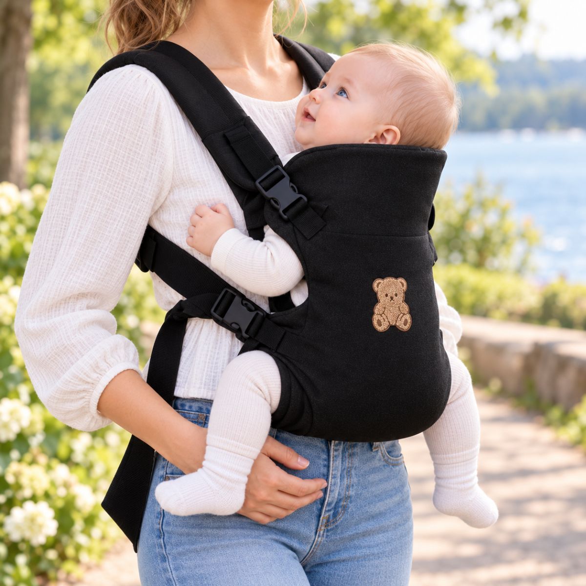 Porte-bébé à partie haute pliable noir avec motif ourson brodé beige, porté face au porteur en extérieur