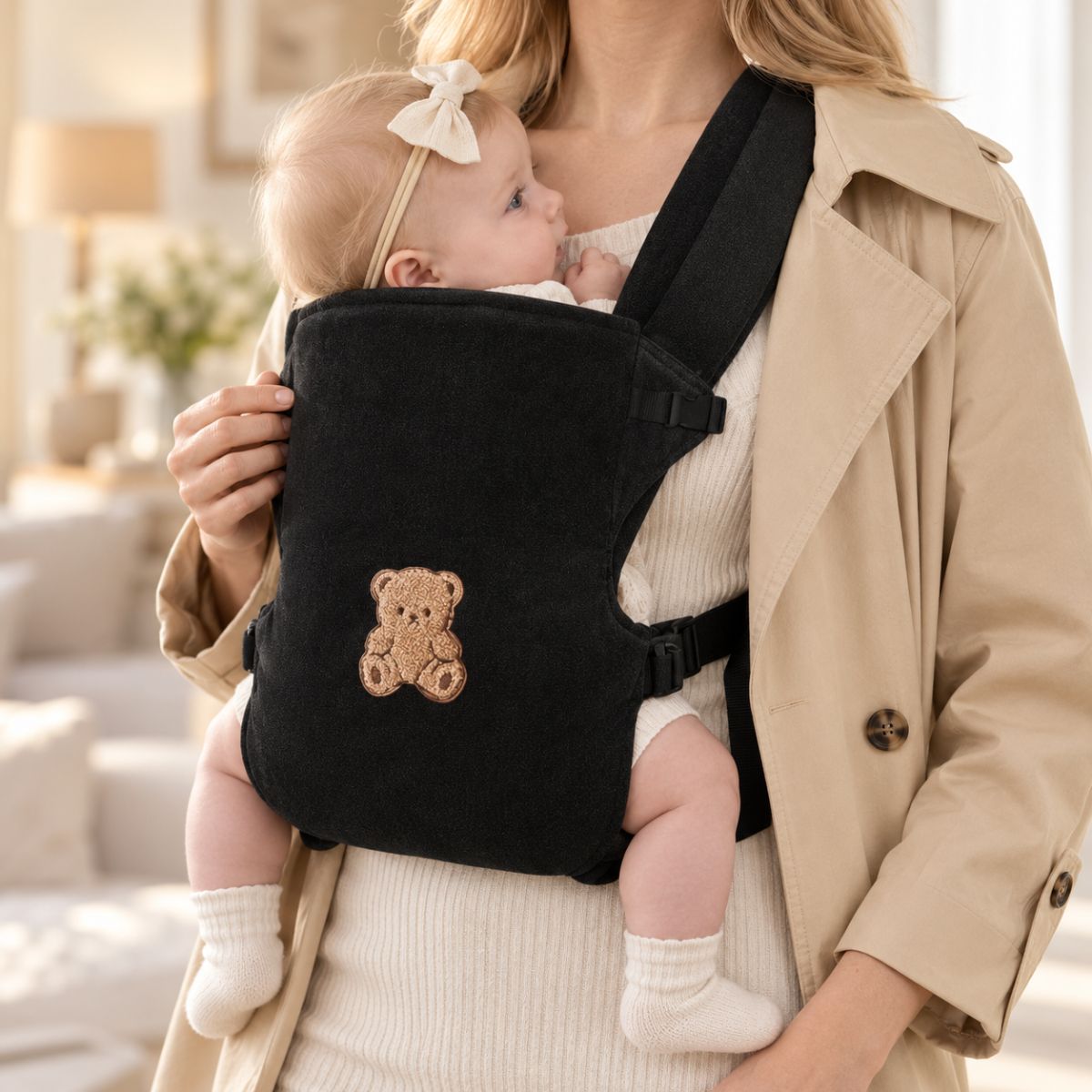 Porte-bébé à partie haute pliable noir avec motif ourson, porté face au porteur avec bretelles réglables