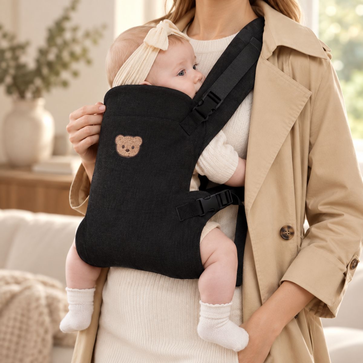 Porte-bébé à partie haute pliable noir avec tête d’ourson brodée beige et boucles latérales, porté face au porteur