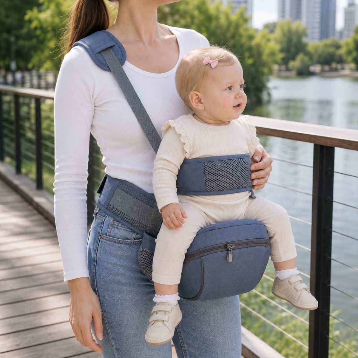 Porte-bébé à siège de hanche bleu avec sangle d’épaule et bande de maintien, porté face vers l’avant près d’un lac