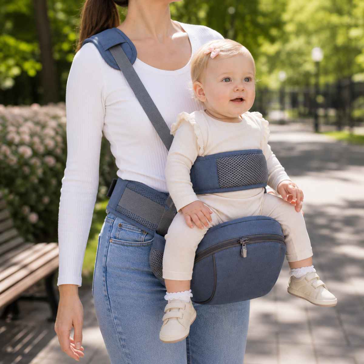 Porte-bébé à siège de hanche bleu avec sangle d’épaule et bande de maintien, porté face vers l’avant dans un parc