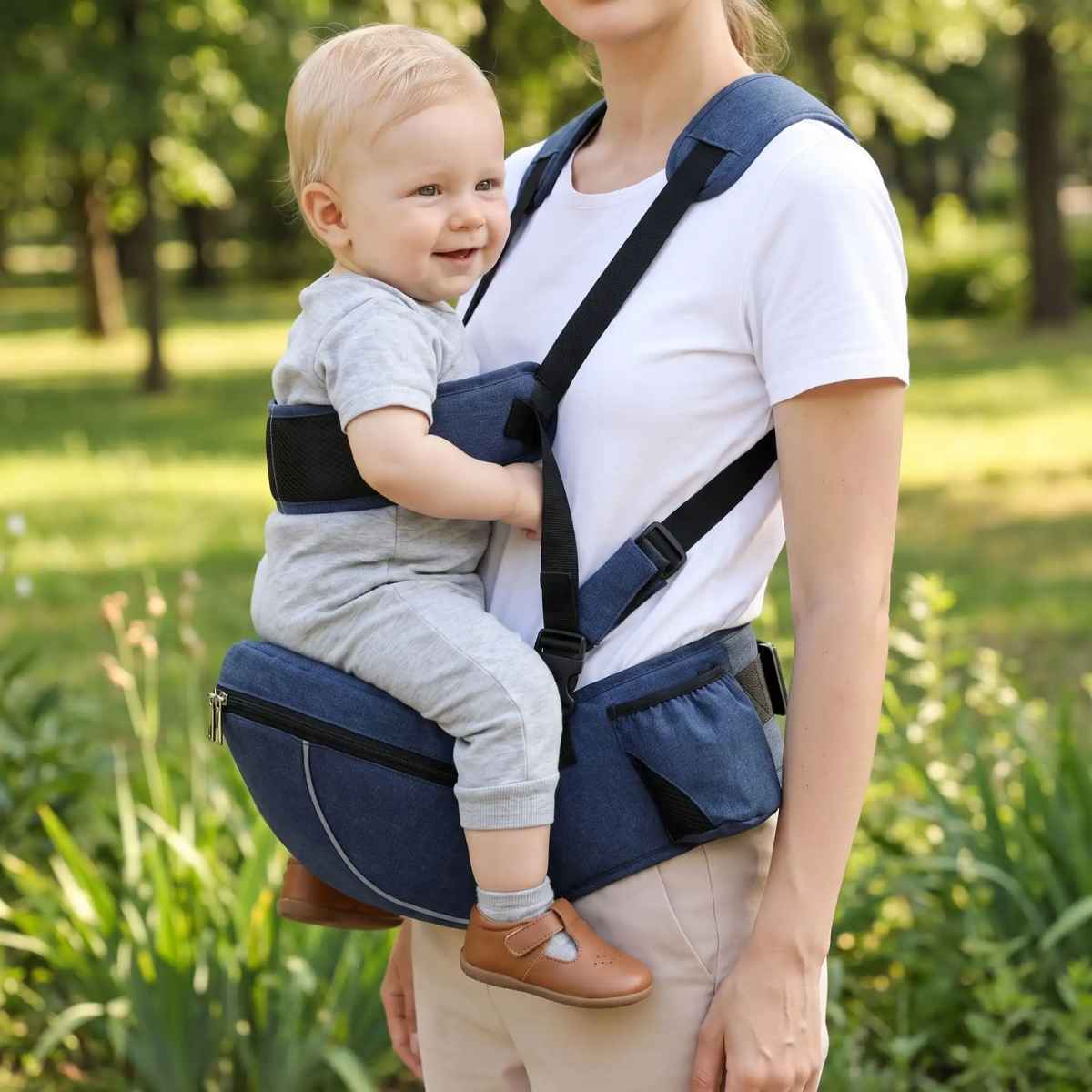 Porte-bébé à siège de hanche bleu marine avec sangle d’épaule et bande de maintien, porté face vers l’avant dans un parc
