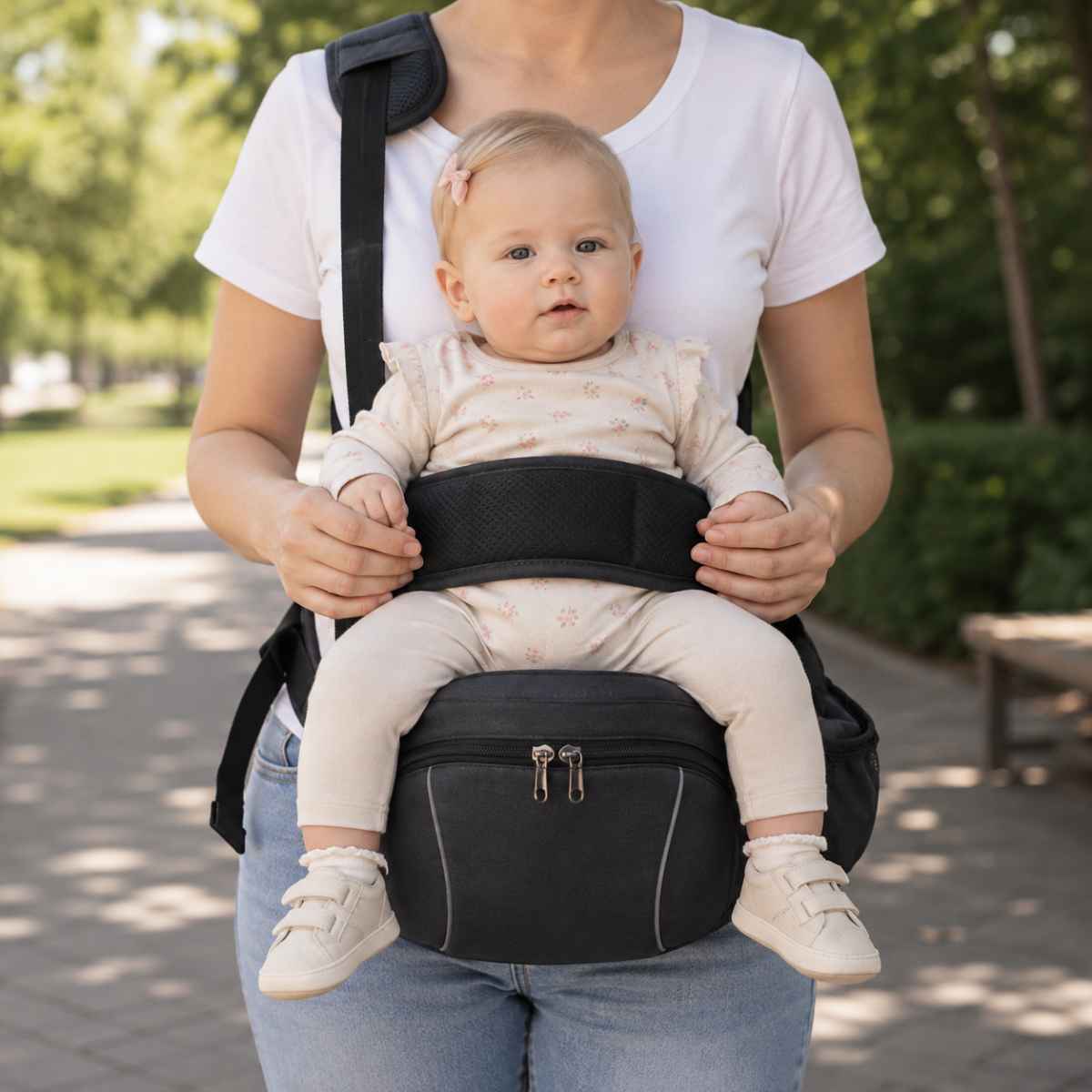Porte-bébé à siège de hanche noir avec sangle d’épaule et bande de maintien, porté face vers l’avant dans un parc